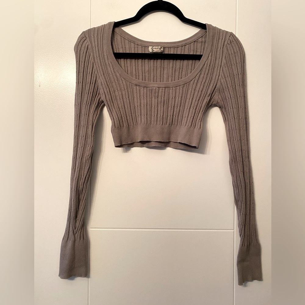 Free People- Intimately- Brown Ribbed Long Sleeve Crop Top